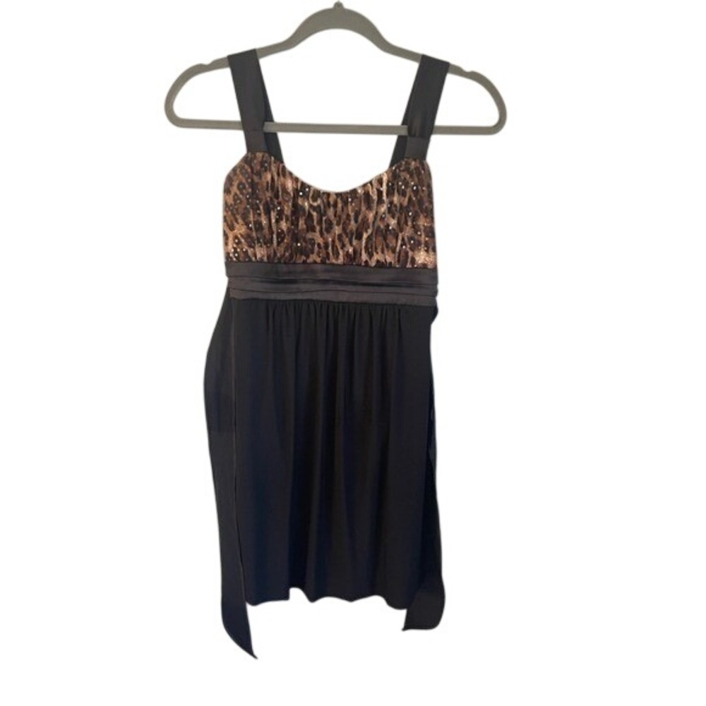Y2K Deb‎ Leopard Sequin Party Dress Women's Size M Black Strappy Satin Ribbon